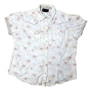 ariat short sleeve button floral blouse white with flowers fancy buttons Large